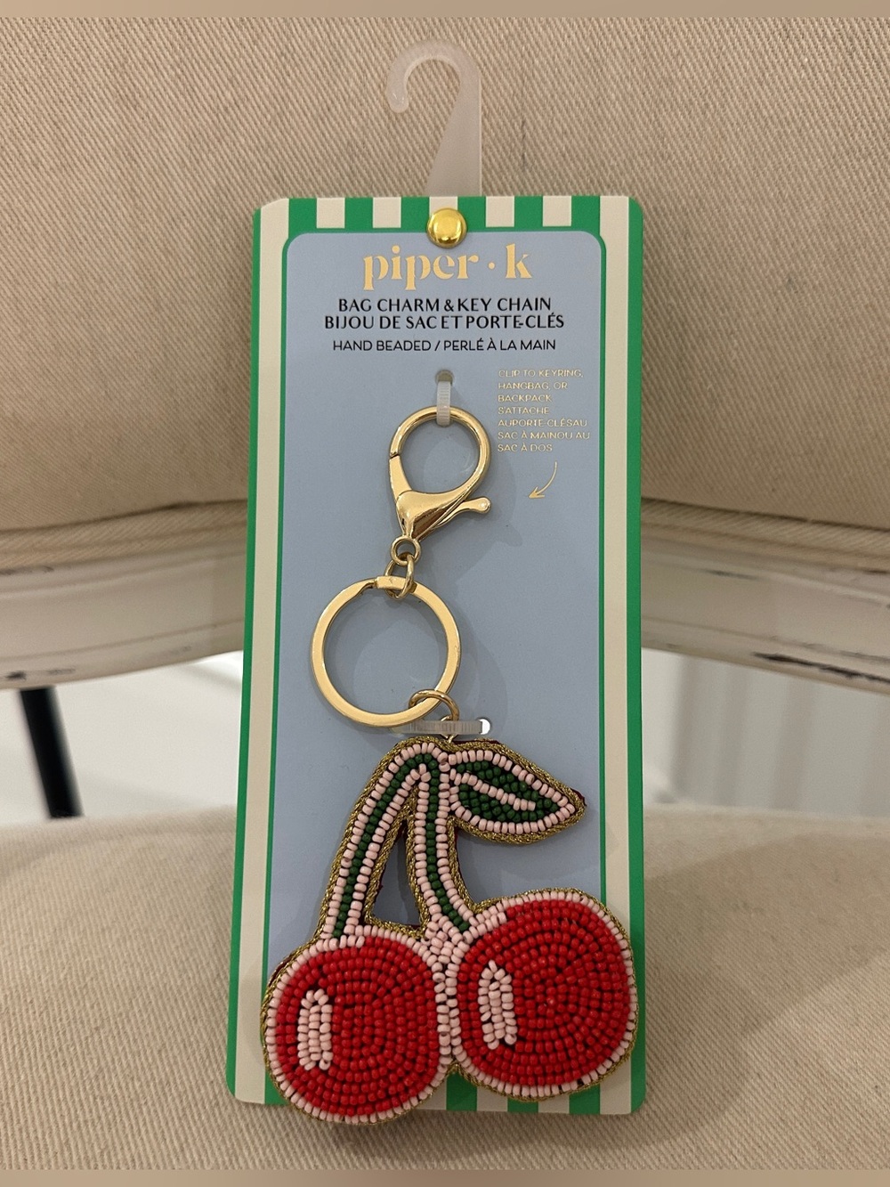 NWT Piper K Viral Red Hand Beaded Cherry Bag Charm with Gold Hardware